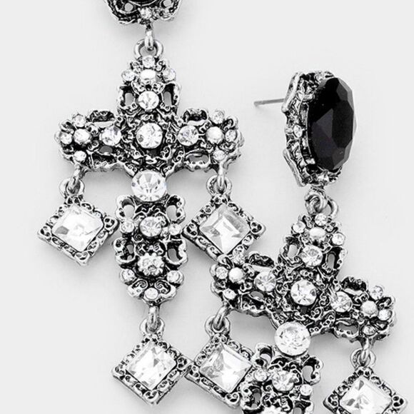 Cross Antique Silver Rhinestone Earrings - Picture 2 of 5